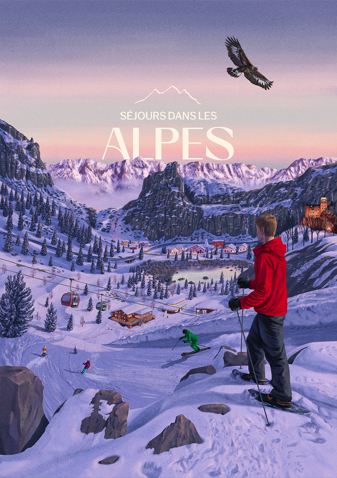 Illustration de paysage dans les Alpes pour brochure de voyages
