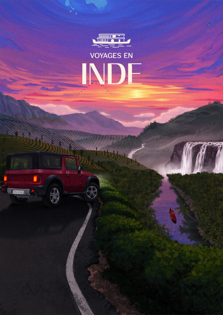 Illustration de paysage en Inde du Sud pour brochure de voyages