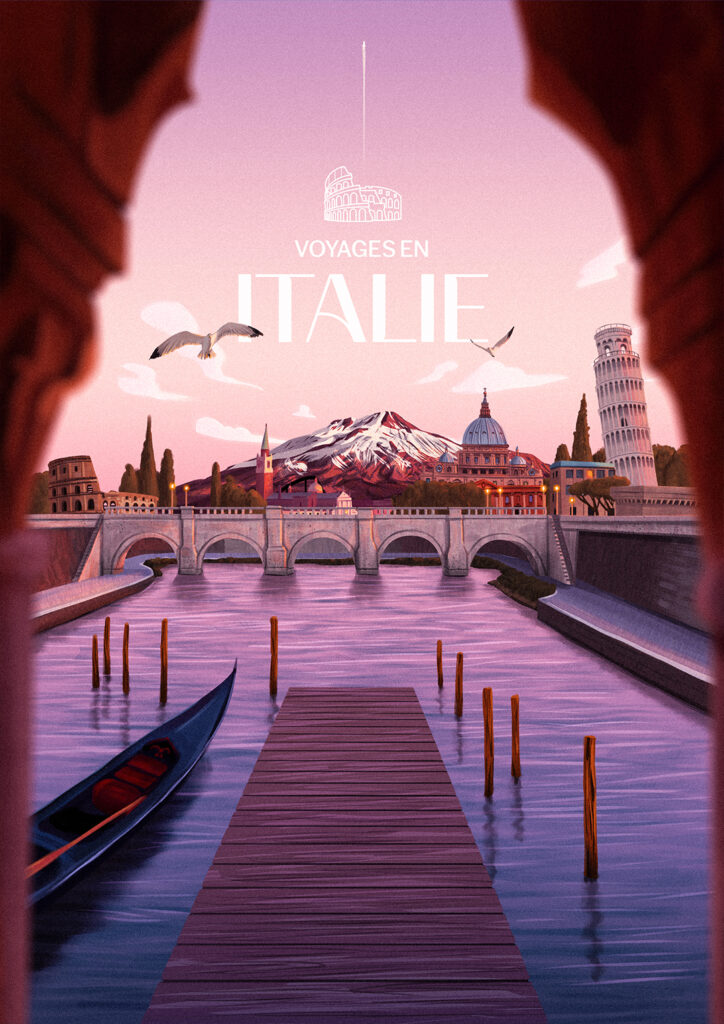 Illustration de paysage en Italie pour brochure de voyages