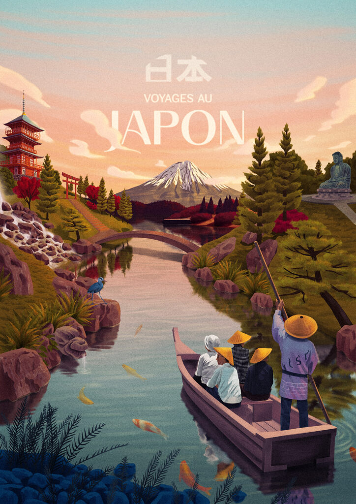 Illustration de paysage au Japon pour brochure de voyages